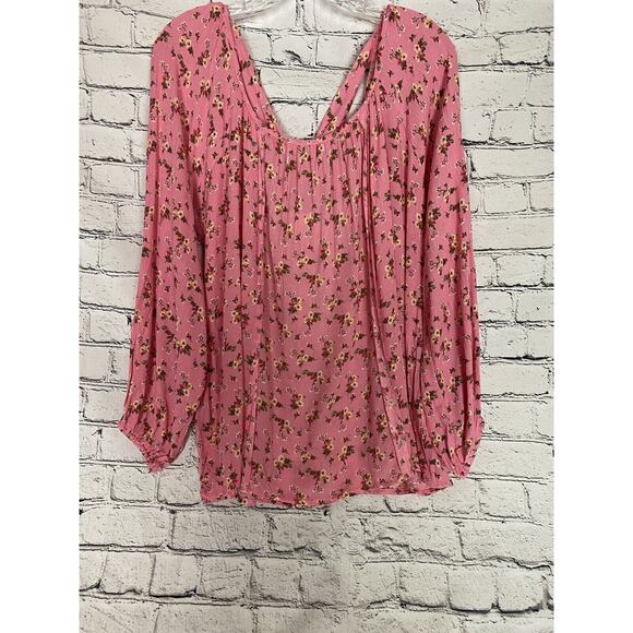 NWOT‎ Sugarfox Pink Floral Criss-Crossed Laced Tied Bow Back Flowy Boho Blouse S - Picture 1 of 8